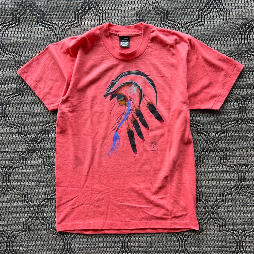 Vintage Indigenous T-Shirt‎ Mens Large Pink Bear Headdress Art Canada Nature
